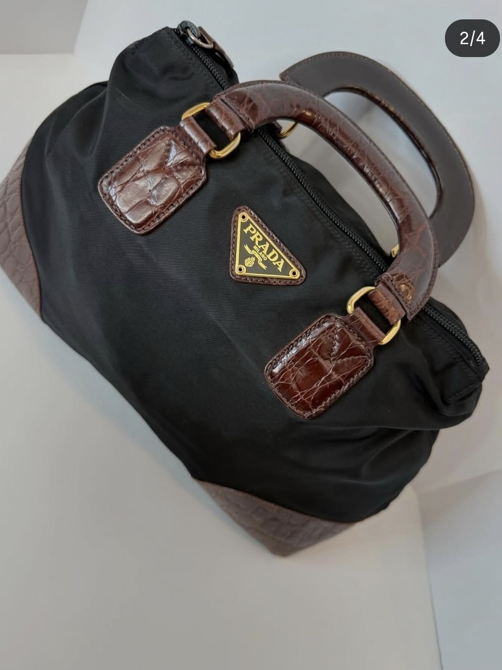 Authentic Vintage Prada Black Nylon Boston Bag with Croc-Effect Leather Trim - Picture 2 of 4